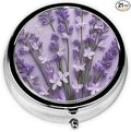 Pill Box 3 Compartment Pocket Small Pill Organizer Mini Metal Pill Holder Travel Portable for Woman Old People and Kids - Purple Lavender Flower
