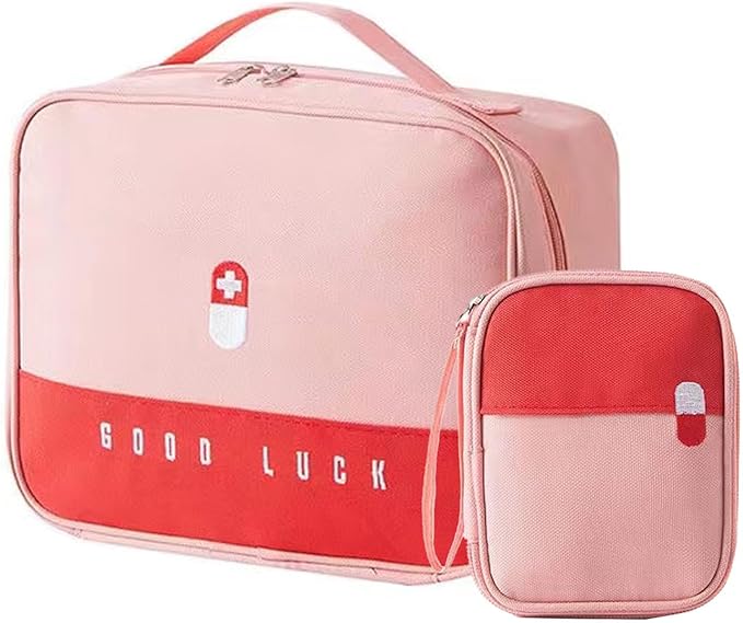 Empty First Aid Bag Travel Medicine Box Organizer Case Medical Supplies Medication Pills Bottle Storage Container Cabinet Holder Pouch Emergency Kit Bag for Traveling Camping Hiking Home Office (Pink)