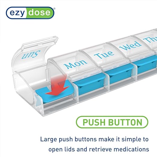 EZY DOSE Weekly (7-Day) AM/PM Daily Pill Organizer, Vitamin Case, and Medicine Container, X-Large Compartments, Arthritis Friendly, Convenient with Effortless Portability, Clear/Blue Lids, BPA Free
