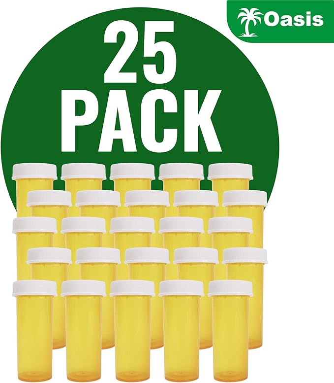 Plastic Amber Medicine Pill Bottles, 8 Dram, (25 Pack), Push Down and Turn Child Resistant Caps, Amber Prescription Vial, Medicine Container, Pill Cases Dispenser Organizers