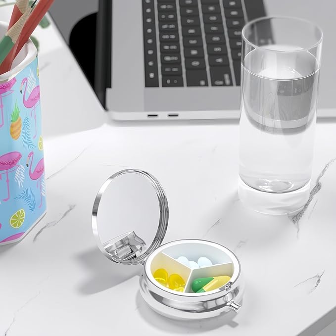 Pill Box 3 Compartment Pocket Cute Small Pill Organizer Mini Metal Pill Holder Travel Portable for Woman Old People and Children - White Flower