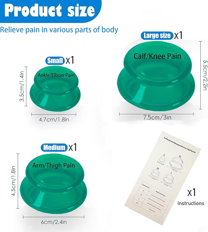 3Pcs Cupping Therapy Set-Professional Silicone Cupping, Suitable for Facial Body Massage/Deep Myofascial Release/Pain Relief/Muscle Relaxation & More (Green,3pcs)
