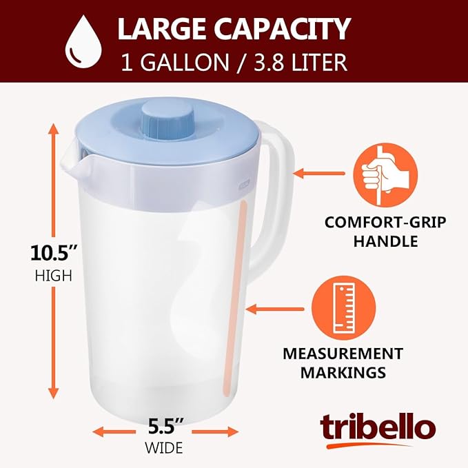 Tribello 1 Gallon Pitcher with Lid, Clear Plastic Water Pitcher with 3-Way Lid, Freezer/Dishwasher Safe, and BPA Free (1 Gallon)