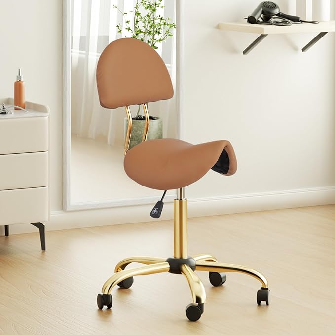 OmySalon Drafting Chair,Ergonomic Office Desk Chair with Back Support,Tall Adjustable Rolling Stool with Footrest & Thick Seat Cushion,Computer Chair (Brown Gold)