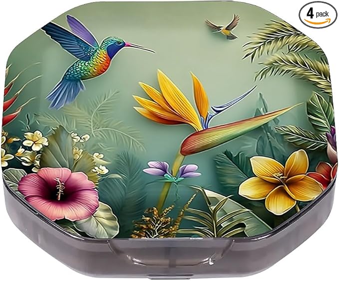 This Portable Hummingbird Tropical Flower Pattern 4 Compartment Pill Box Can Be Placed in A Pocket Or Wallet to Store Vitamins, Medicines Health Supplements Other Medications.