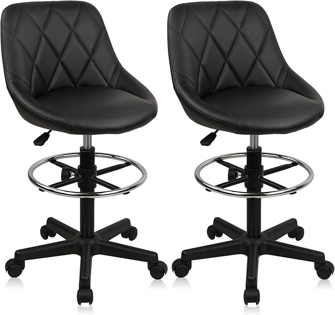 Small Rolling Stool with Backrest - 360° Swivel Chairs with Wheels, Adjustable Height Footrest Armless Vanity Chair, Thickened Seat Cushion Stool Chairs for Spa, Shop, Salon, Massage, Black, 2 Pack