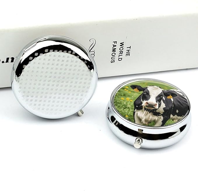 Cow Black Spot Pill Box Travel Pill Case for Purse Pocket Weekly Medicine Organizer with Mirror 3 Compartment Round Medicine Case Portable PillcaseHolder for Daily
