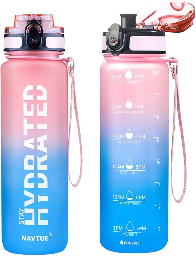 Water Bottle, 32oz Sports Water Bottles with Time Marker Wide Mouth, Motivational and Leakproof Drink Bottle, BPA Free Tritan with Carry Strap for Gym Fitness Outdoor(1 Bottle)