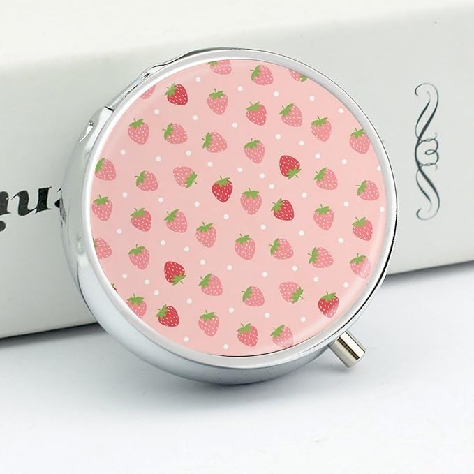 3 Compartment Pill Box, Round Medicine Pill Case, Cute Travel Pill Case, Decorative Portable Organizer for Pocket Compatible with Cute Pink Strawberry Polka Dot