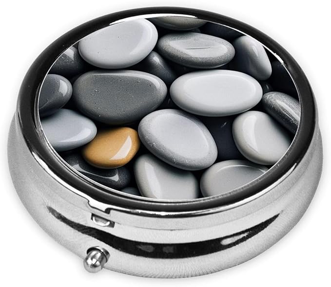 ZhongGuo Grey Zen Stones Picture Printed Pill Organizer,Round Travel Pill Organizer Mini Medicine Pill Box for Purse Iron Plating