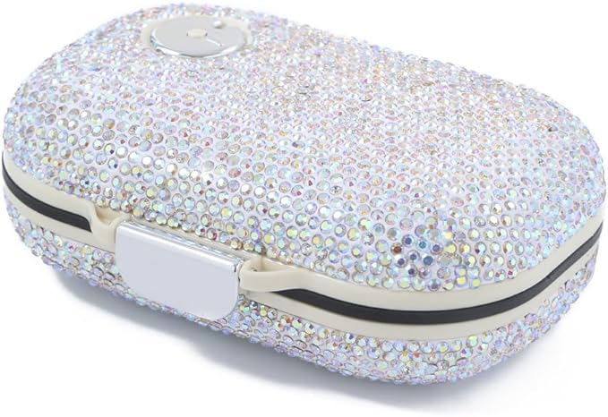 Sparkly Diamond Daily Pill Organizer 7 Compartments Portable Moisture Proof Small Pill Case for Pocket Purse Travel Pill Box Portable Medicine Vitamin Fish Oil Holder Container (AB Oblong)