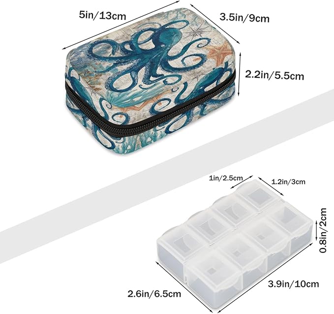 Octopus Ocean Vintage Pill Case Travel Pill Organizer Weekly 7 Day Portable with Zipper Medicine Box Pill Case for Vitamins, Birth Control,Fish Oils,Medication, Supplements