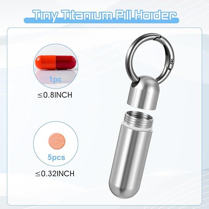 Small Pill Case Keychain Portable Tiny Pills Container Waterproof Titanium Pocket Pill Organizer Tiny Holder Bottle Carabiner Clip Pills Holder Bottle for Outdoor Camping Travel Purse