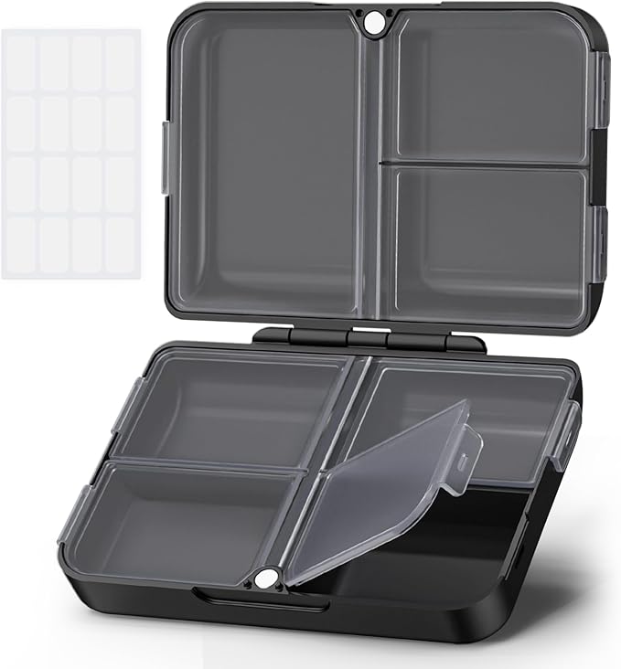 AUVON Daily Pill Organizer Fit with Your Purse or Pocket, Compact Travel Pill Box Case with Slim Folding Design and Long-Lasting Hinges to Hold Vitamin, Fish Oil, Supplement or Jewelry(Black)