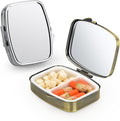 Small Pill Case,(2 Pack) 2 Compartment Pill Box with Mirror Portable Pill Box for Purse, Mini Pill Container Medicine Case for Vitamin, Cod Liver Oil, Supplement (Silver, Bronze)