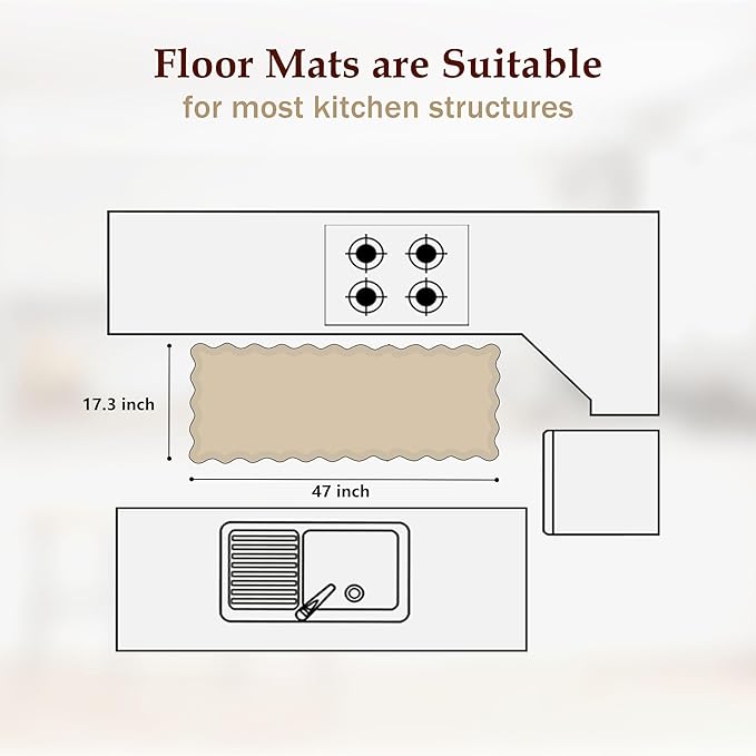 Scalloped Black Kitchen Mats for Floor Cushioned Anti Fatigue Kitchen Mats Rugs Waterproof Non Slip Farmhouse Boho Floral Comfort Foam Standing Mat for Sink Laundry, 17.3x47