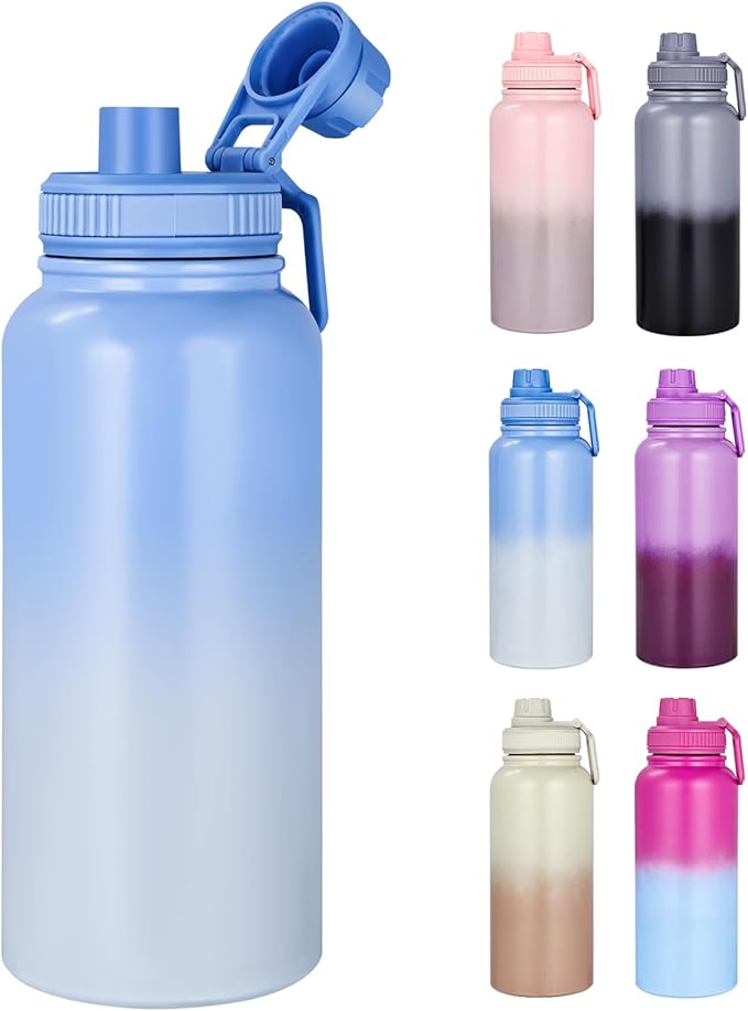 Motivational Water Bottle 32oz with Time Marker- Leakproof & BPA Free Sports Water Bottle with Straw & Carry Strap for Gym, Travel and Outdoor Sports (Stainless steel insulation-Blue)