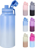 Motivational Water Bottle 32oz with Time Marker- Leakproof & BPA Free Sports Water Bottle with Straw & Carry Strap for Gym, Travel and Outdoor Sports (Stainless steel insulation-Blue)