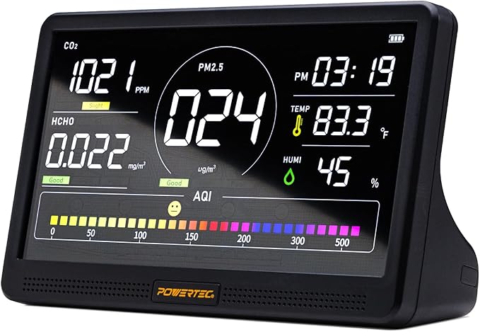 POWERTEC AD1001 Air Quality Monitor with 7" LCD Display - Multi-Sensor CO₂, PM2.5, PM10, TVOC, HCHO, Detector, NDIR Sensors, Rechargeable Indoor/Workshop Air Monitor