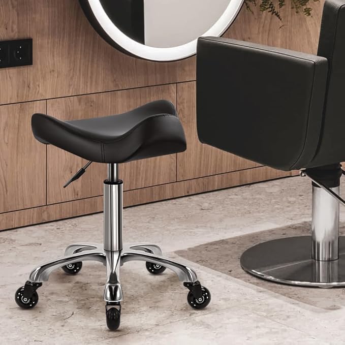 Heavy Duty Rolling Stool with Wheels Hydraulic Swivel Adjustable Rolling Chair Ergonomic Thick Irregular Leather Seat Stool Chair for Kitchen Drafting Lab Office Salon Message Counter – Black