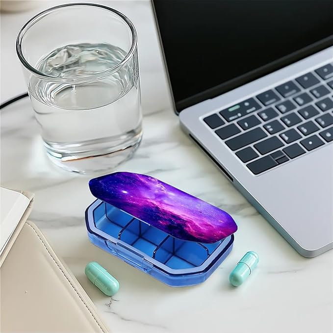This Portable Purple Nebula Starry Sky Pattern 6-Compartment Pillbox Can Be Placed in A Pocket Or Wallet to Store Vitamins, Medicines Fish Oil Health Supplements Other Medications.