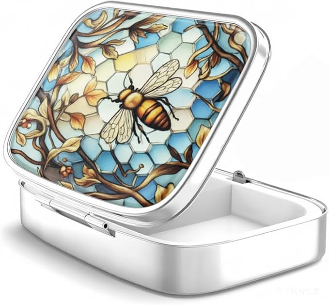 WATASSA Pill Box with Animal Style Mirror All-in-One 2-Compartment Portable Medicine Organizer, Marble Pattern Travel Pill Case for Vitamins&Daily Medication(Fits Pocket/Purse) (Amber Bee)