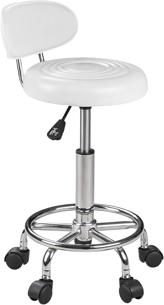 VECELO Salon Rolling Stool, Spa Chair with Backrest, Hydraulic Height Adjustable from 19.7" to 25.8" with 300 lb Capacity, for Salon, Spa, Lab (White)