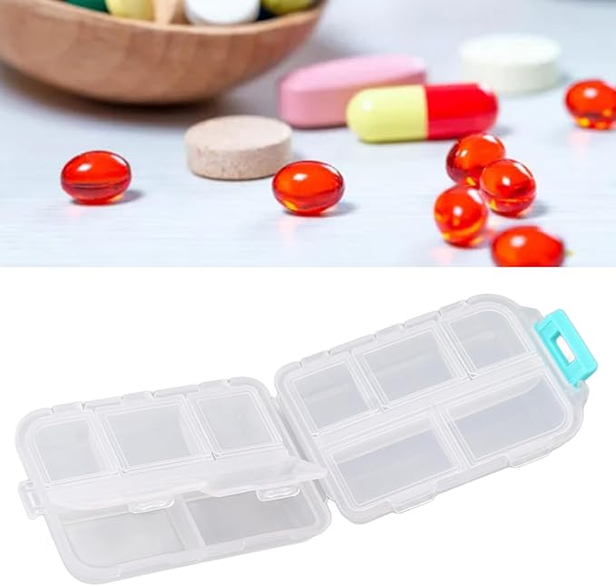Travel Pill Organizer, Plastic 10 Compartments Pill Case Portable Pill Box Buckle Lock Weekly Portable Pill Holder Container for Purse (White)