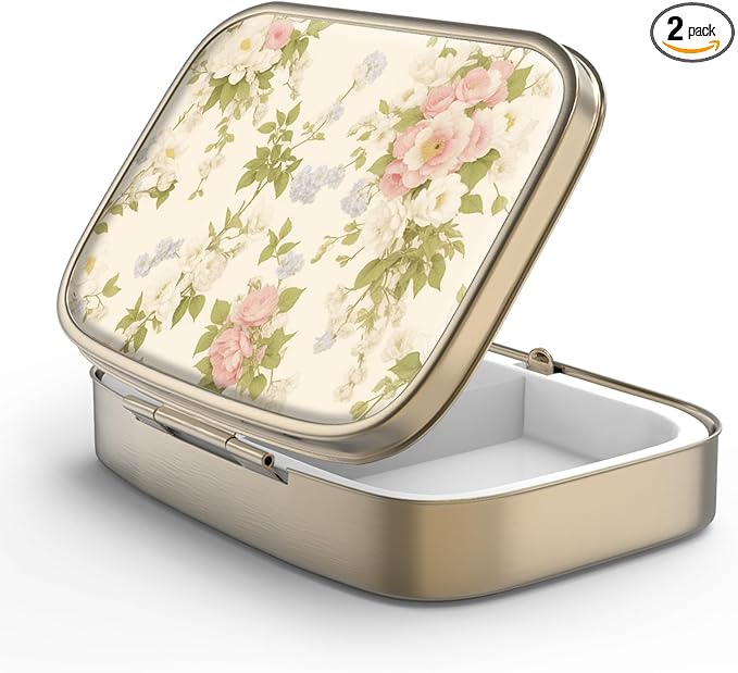 Pill Case Pill Box with Mirror Retro 2 Compartment Small Pill Case for Purse or Pocket Bronze Rectangular Pill Box or Vitamins, Fish Oil, Supplements, Pill Containe Travel Gifts（Vintage Floral）