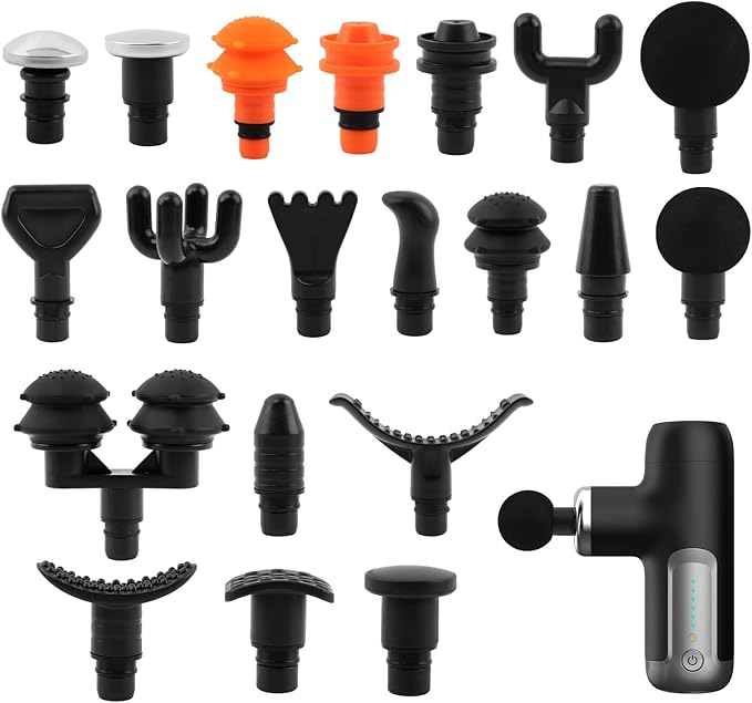 Massage Gu-n Attachments, 20pcs Relaxation Massager Heads with 2pcs Drawstring Bag Different Massager Heads to Meet Different Needs for Deep Tissue Percussion Plug and Play(Black)