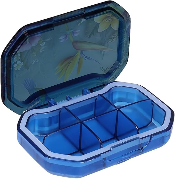 This Portable Hummingbird Tropical Flower Pattern 6 Compartment Pill Box Can Be Placed in A Pocket Or Wallet to Store Vitamins, Medicines Health Supplements Other Medications.