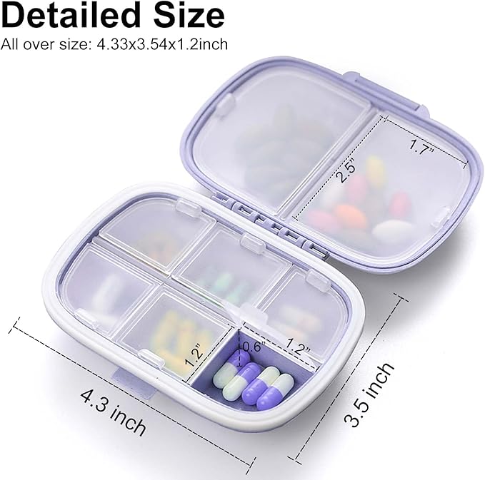 8 Compartments Travel Pill Organizer, Daily Pill Case Small Pill Box for Pocket Purse, Portable Pill Container Medicine Vitamin Organizer (Purple & Pink)