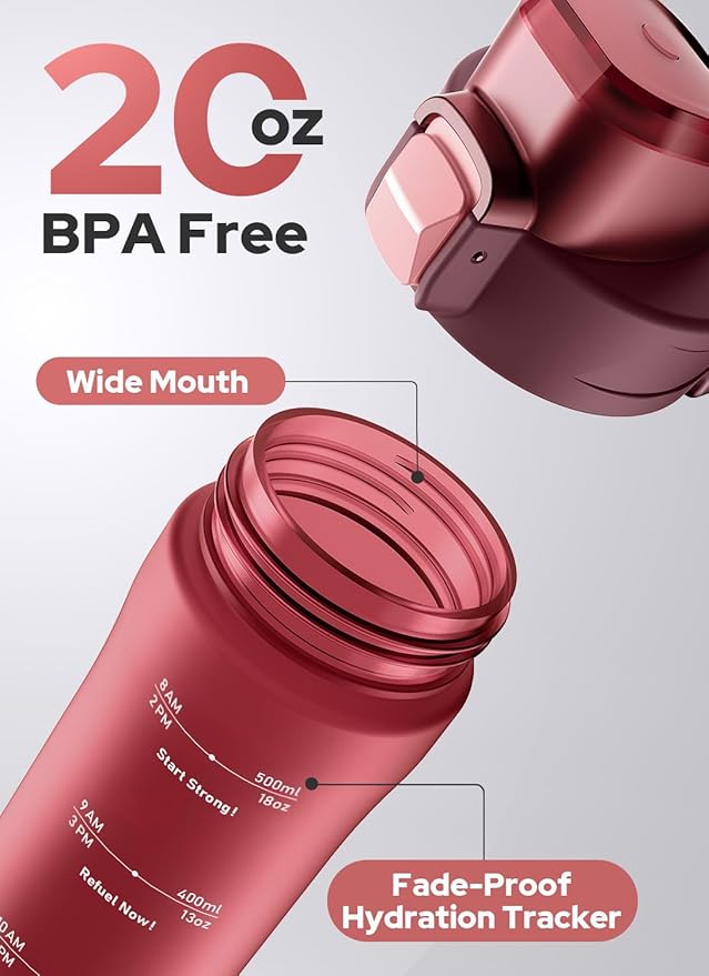 Opard 20oz Plastic Water Bottle Dishwasher Safe, Leakproof Flip-Top Lid, BPA Free Tritan, Wide Mouth Reusable Kids Water Bottle for School Hiking Commuting Outdoor Travel and Gym(Cranberries Red)