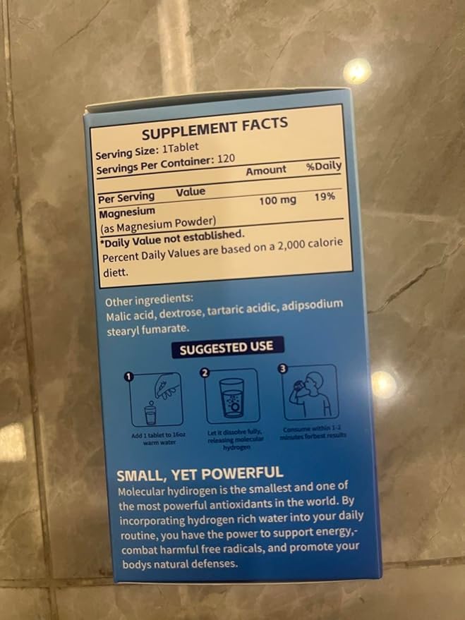 Hydrogen Water Tablets with Magnesium - 12 PPM H2 Molecular Hydrogen Tablets for Drinking Water, Fast-Dissolving, Antioxidant Support for Cellular Vitality, Energy Recovery, Non-GMO, 120 Count