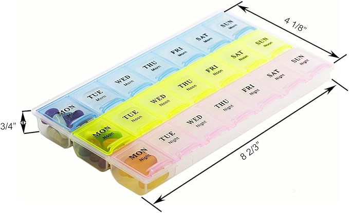 Inspirations 21 Compartments Pill Organizer Box, Medicine Remainder with Snap Lids, 7-Day AM/PM for Pills, Vitamins(6038, 21 Compartment)