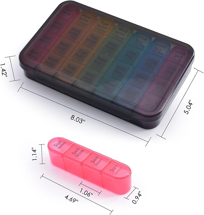 Greencycle Weekly Pill Organizer, 7 Day / 4 Times A Day Large Pill Cases Moisture-Proof Pill Box AM PM Medicine Organizer to Hold Vitamins Fish Oil Compartments Supplements (Rainbow)