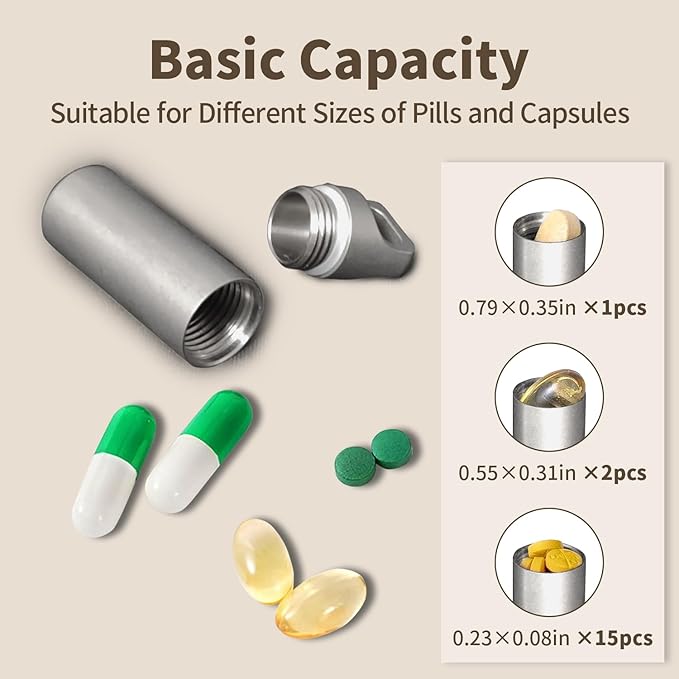 Stainless Steel Pill Box Keychain, Waterproof Compact Pill Organizer for Emergency Pills & Vitamins, Portable Keyring Necklace Holder, Travel Hiking Essentials