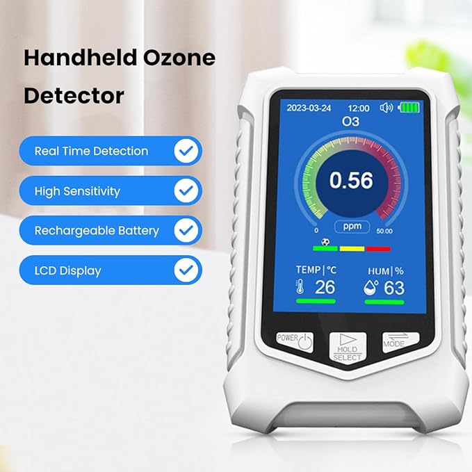 Ozone Meter Detector, Portable Handheld Colorful USB Charging Sensitive Air Quality Pollution Monitor Built in Electrochemical Sensors, Temperature and Humidity Sensors