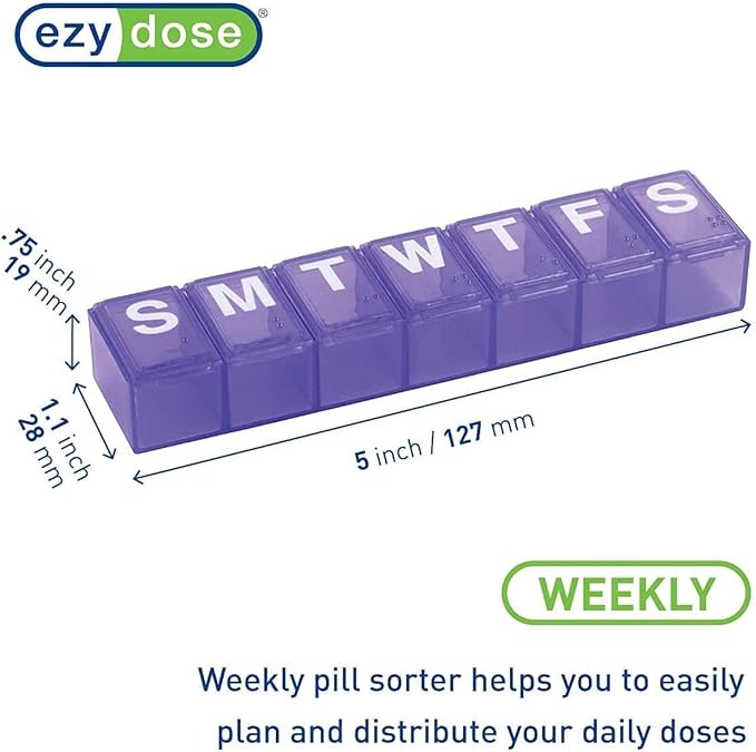 Ezy Dose Weekly (7 Day) Pill Organizer Case, Medium Compartment Vitamin and Medicine Box, Easy to Use (Medium - 2 Pack - Colors Vary)