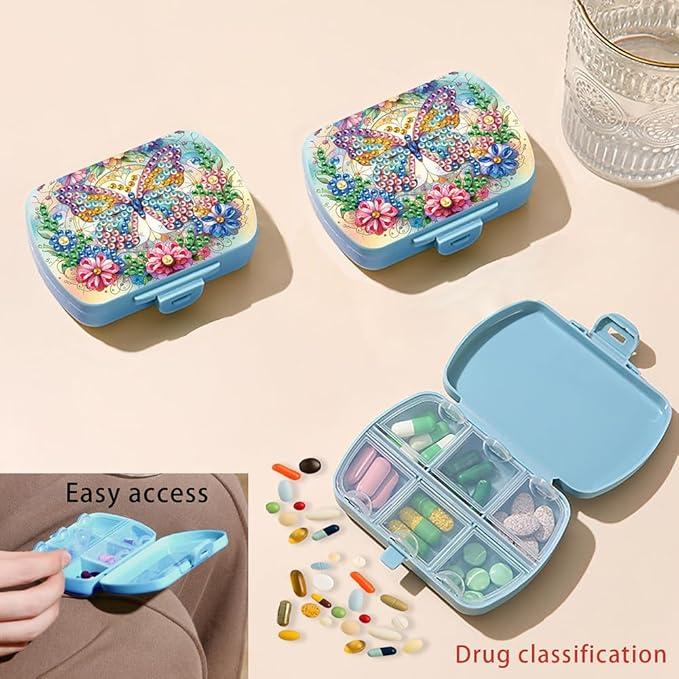 C'eitura DIY Butterfly Diamond Art Painting Blue Pill Organizer with 6 Lid Detachable Compartments, Fun DIY Craft Project for Adults, Elegant Pill Case for Purse & Travel