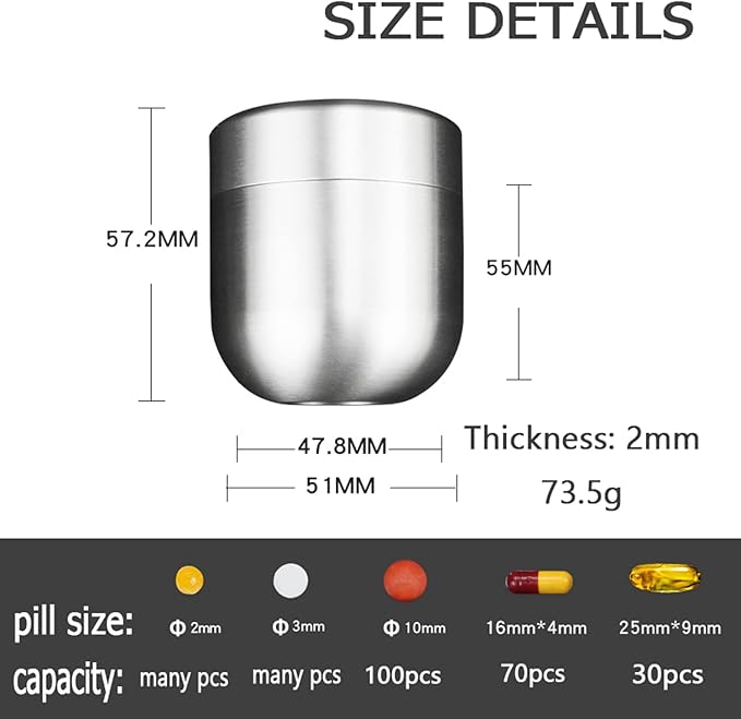 Small Travel Pill Jar, Titanium Pill Container Large, Portable Pill Cases Waterproof Pocket Pill Boxes, EDC Medicine Storage Organizer, Emergency Contraceptive Vitamin Fish Oil Holder