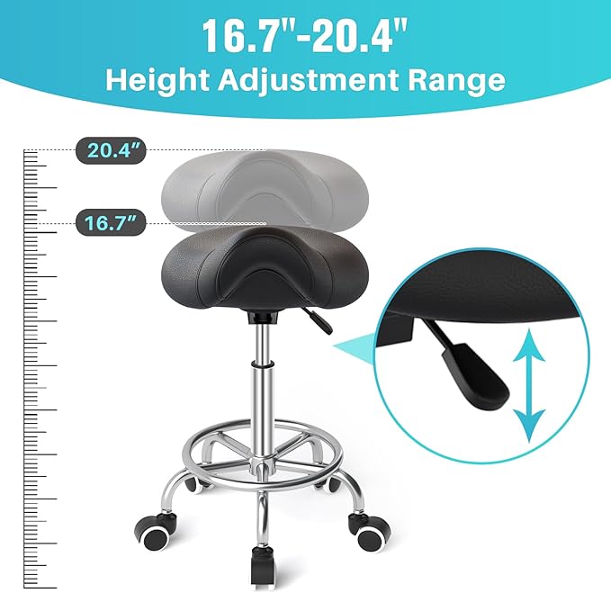YEEZEE Saddle Stool Ergonomic- Comfortable Rolling Saddle Stool with Wide Thick Saddle Seat Padding, Swivel Adjustable Saddle Chair with Wheels and Ring Pedal for Medical Massage Salon (Dark Black)