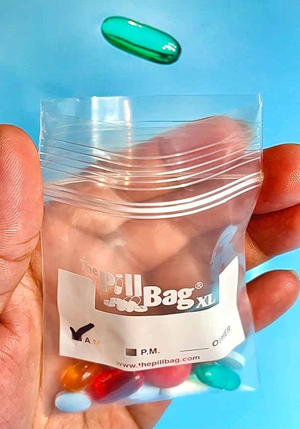 Medicine Pill Organizer, Labels for AM/PM, Resealable, Portable, Disposable Pouches for Medicine, Vitamins, Gummies,Plastic Pill Bags for Travel, Walks XL Size |100 Count (2 Packs of 50)