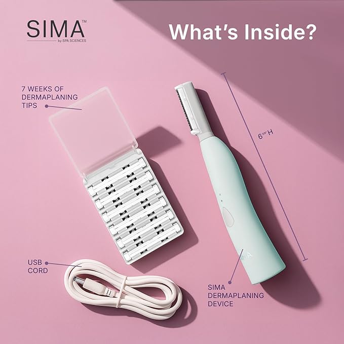 SPA SCIENCES - SIMA Patented Dermaplane Razor for Women Face – Painless 2-in-1 Facial Exfoliation & Peach Fuzz Hair Removal – Anti-Aging – 3 Speeds – Rechargeable – 7 Weeks Treatment