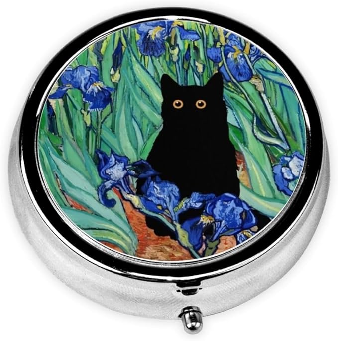 Pill Box 3 Compartment Pocket Small Pill Organizer Mini Metal Pill Holder Travel Portable for Man Woman Old People and Children - Flower Balck Cat