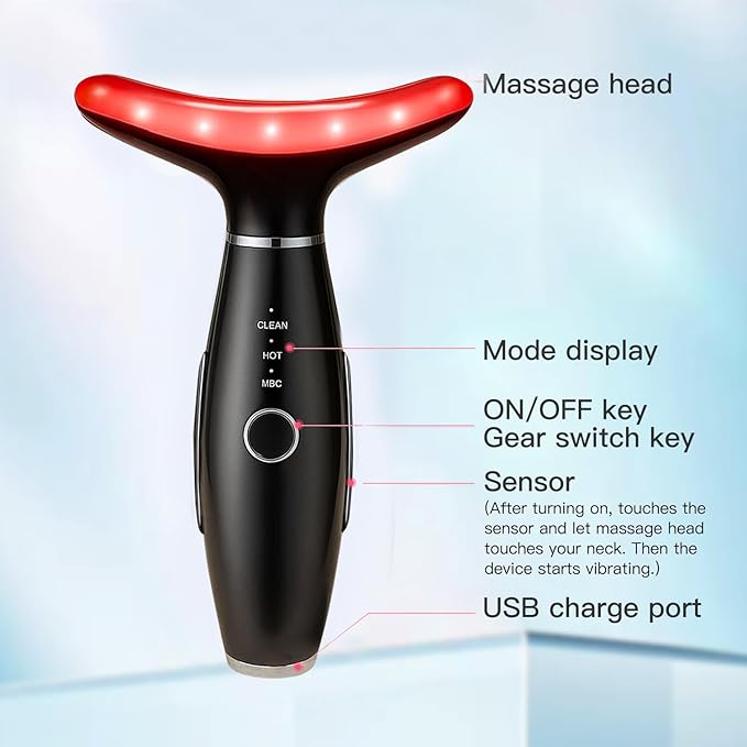 Face Massager -7 Color Red-Light-Therapy for Face and Neck for Wrinkles, Double Chin, Vibrating Facial Massager with Thermals (Black)