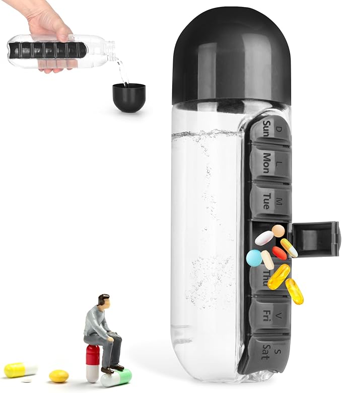Medicine Box Water Cup,2 in 1 Water Bottle Medicine Box Storage Box,20 oz Daily Sports Water Bottle with Pill Box Organizer 7 Days Capsule Organizer, Black