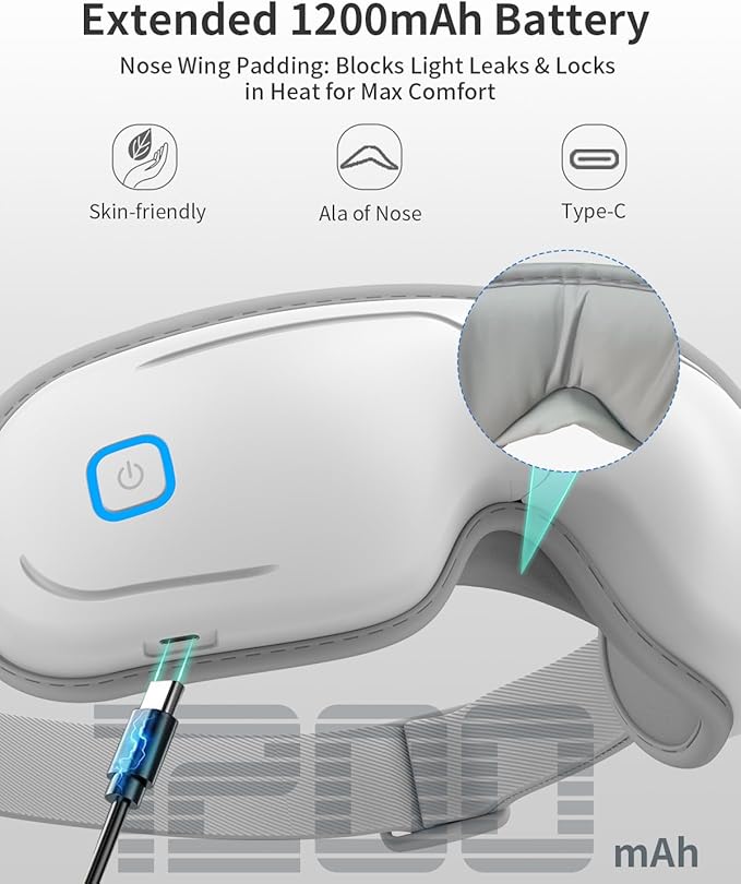 Eye Massager with Heat and Compression - Classic White Heated Eye Mask with Vibration, Bluetooth Music, 6 Modes, Rechargeable 1200mAh Battery for Eye Strain, Dry Eyes, Migraines Relief