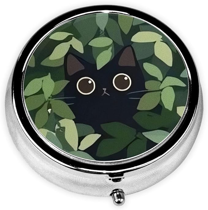 3 Compartment Travel Pill Case, Sealed Portable Pill Container for Pocket Purse, Mini Size Metal Pill Box, Three Times a Day Pill Organizer for Men, Women - The Black Cat in The Grass, Small