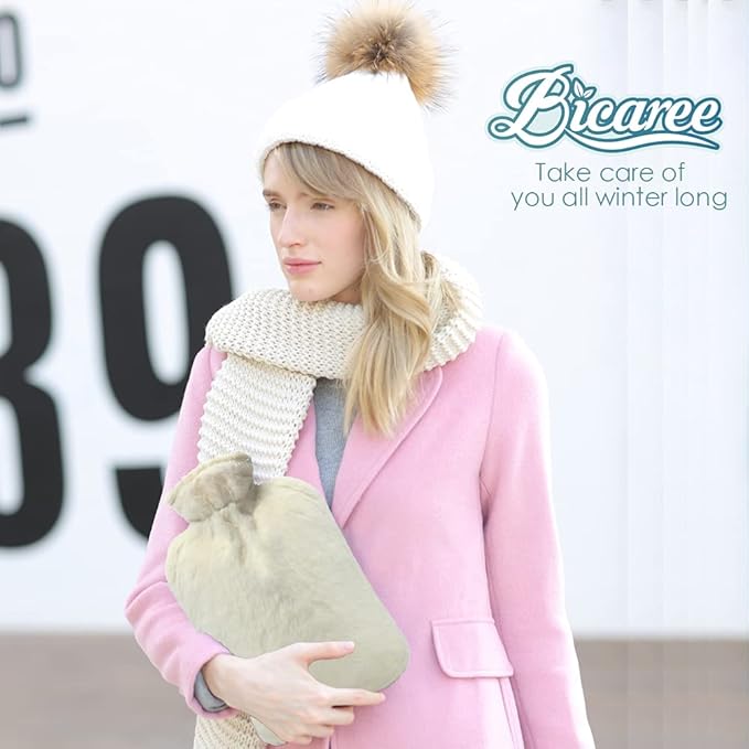 BICAREE Hot Water Bottle with Cover, 2L PVC Hot Water Bag for Neck, Shoulder Pain and Hand Feet Warmer, Menstrual Cramps, Hot Compress and Cold Therapy(Lily White)